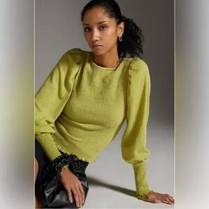 Anthropologie‎ Smocked Puff Sleeve Leaf Green Top Size S Boho Cottagecore Preppy